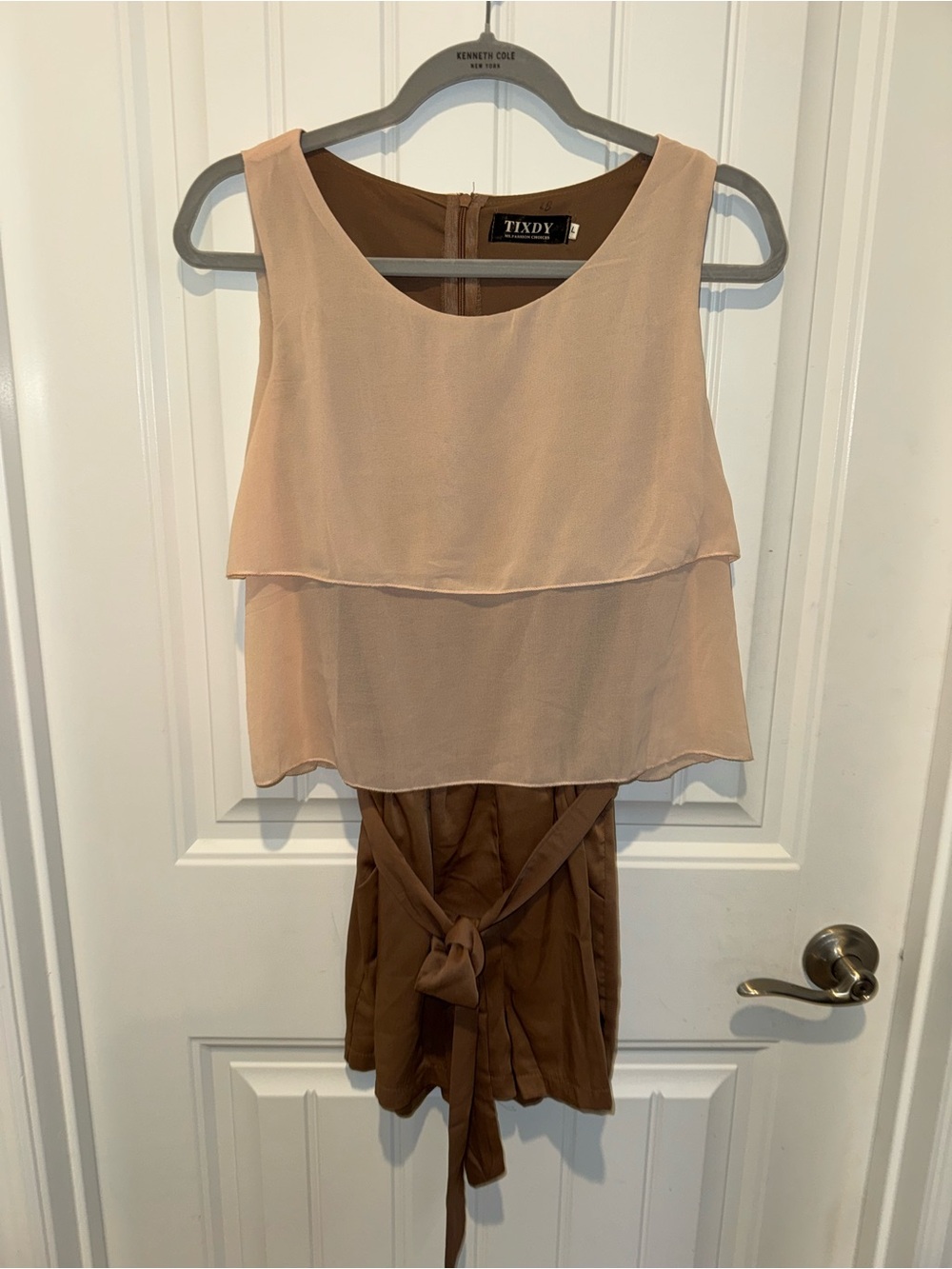 Tixdy Pink Layered Sleeveless Romper with Brown Tie Waist